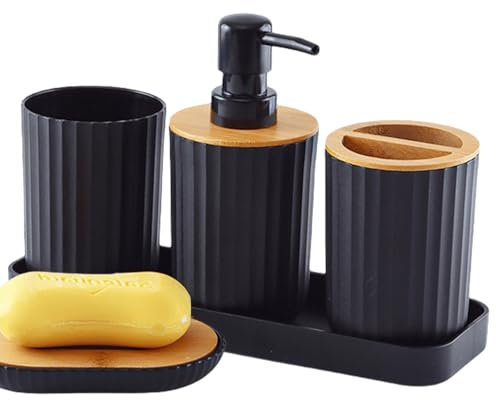 Badezimmer Zubehör Set, 5-Teilig Dekoratives Badzubehör, Zahnbürstenhalter, Zahnputzbecher, Seifenspender, Seifenschale, Schminktablett, Bad Accessoires, Bad Set, Moderne Badezimmer-Dekoration