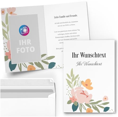 10 personalisierte Einladungskarten für Geburtstag Hochzeit Kommunion Konfirmation Jugendweihe Einladung Karten mit eigenem Text und Foto 06 Floral