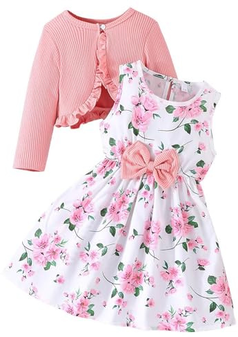 Adixun Girl Dress Toddler Long Sleeve Dresses A-line Floral Casual Party Dress with Cardigan Sets for Little Big Kids(4-5 Years,Pink)