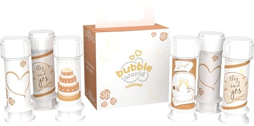 Bubble World Wedding Terra – Tvålbubblor för bröllop, 6 x 60 ml, vita tuber med inbyggd blåsare, bröllopspresent, bordskort, tillverkade i Italien