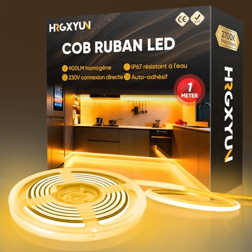 HRGXYUN 230 V COB Cinta LED exterior, 240 LEDs IP67 impermeable autoadhesiva, tira LED 900 LM sin transformador flexible para dormitorio, cocina, exterior, decoración, 2700 K, color blanco cálido, 1 m