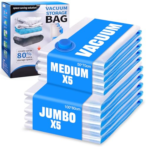 BUOAZR Sacchetti Sottovuoto Vestiti 10 Pezzi 5 Jumbo 80x60cm, 5 Medi 70x50cm, Sacchi Sottovuoto Riutilizzabili Per Contenere, Vestiti, Lenzuola, Piumoni, Cuscini, Coperte, Viaggi