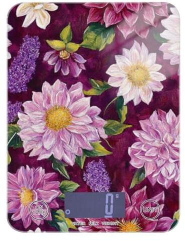 Bilancia da cucina con fiori vintage viola, 5 kg/5 g, per grammi, con 4 unità per arrostire la perdita di peso cheto (batterie non incluse)