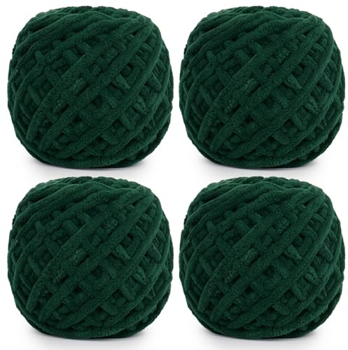 Aeelike Häkelgarn Chunky Green, 4 x 100g Weiche Strickwolle Dicke für Anfänger, Chunky Wolle für Häkeldecke, Schals, Pullover, handgefertigte Taschen und Plüschprojekte, Dunkelgrünes Flauschiges