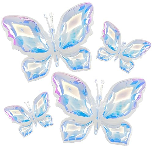 Butterfly Balloons, Birthday Decorations, 4 Colorful Transparent Butterfly Balloons (98 * 72 x 2 + 65 * 48 x 2), Butterfly Party Decorations for Birthday/Halloween/Fairy Party