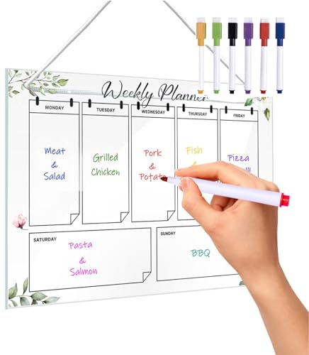 Weekly Planner - Memo Board | Hanging Acrylic Weekly Planer Boarrd | Clear Dry Erase Calendar With Rope & Hook | Includes 6 Color Markers For Wall, Glass, Refrigerator, Office Or Home Message Boad O