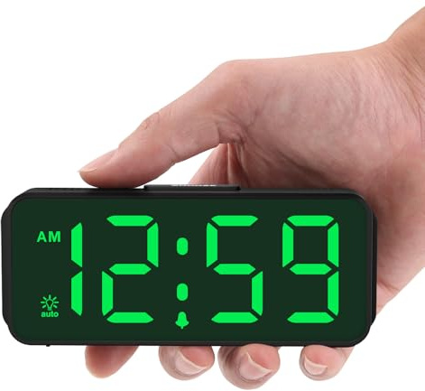 Peakeep Small Mini Battery Powered Digital Alarm Clocks for Bedrooms Bedside, Cordless Tiny Travel Portable Desk Clock, Large Numbers Auto Dimmable, LED Display 4 Dimmers, 5 Alarm Volumes
