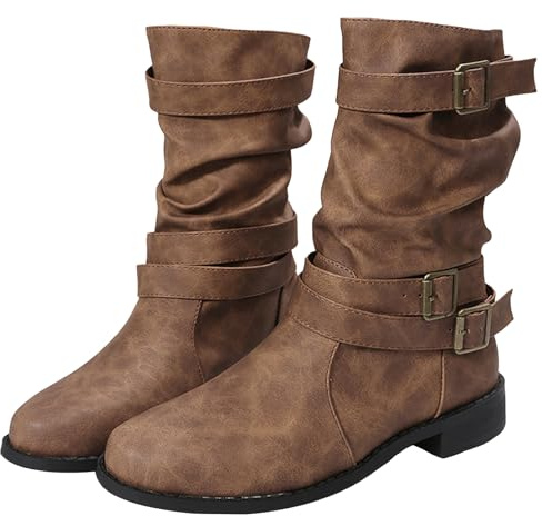 QIJOZXN Women's Leather Wide Width Slouchy Ankle Boots with Buckle Classic Round Toe Comfort Low Chunky Heel Pull-On Mid Calf Boots Fashion Western Short Booties (Brown,8)