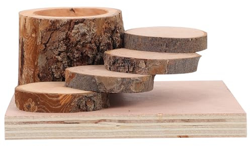 JOINPAYA Wood Stand and Hamster Climbing Toy with Food Bowl, Fruit Tree Wood Material, Non-spiky Design, Wooden Ladder Platform for Small Animals, for Cage Play and Feeding