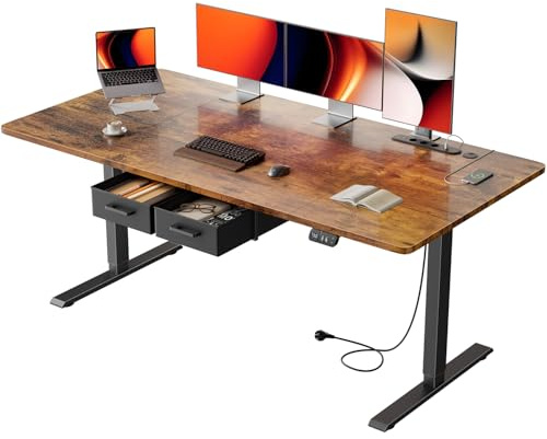 HLONONE Höhenverstellbarer Schreibtisch mit Steckdose, 160x80 cm, Braun | 2 AC-Anschlüsse & 3 USB-Anschlüssen, 2 Schubladen, Memory Funktion, 72-117cm Höhenverstellbarer, für Homeoffice