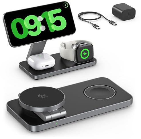 3 in 1 Wireless Charging Station for iPhone, Qi2 25W Fast Magnetic Travel Wireless Charger Dock, MagSafe Charger Stand for iPhone Air/17e/17/16/15/14/13/12, AirPods Pro 3 2 Apple Watch (35W Adapter)