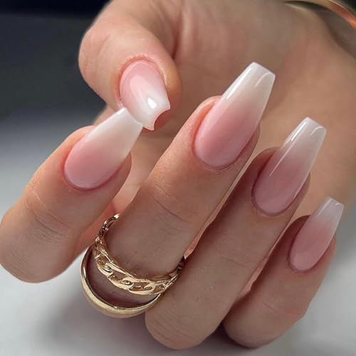 24 Stück Gradient Press on Nails Ballerina Medium - Pink Weiß Coffin Ombre Fingernägel zum aufkleben Muster, Glossy Ballerina Kunstnägel Fake Nails Mittel - False Nagel für Frauen DIY Nagelspitzen
