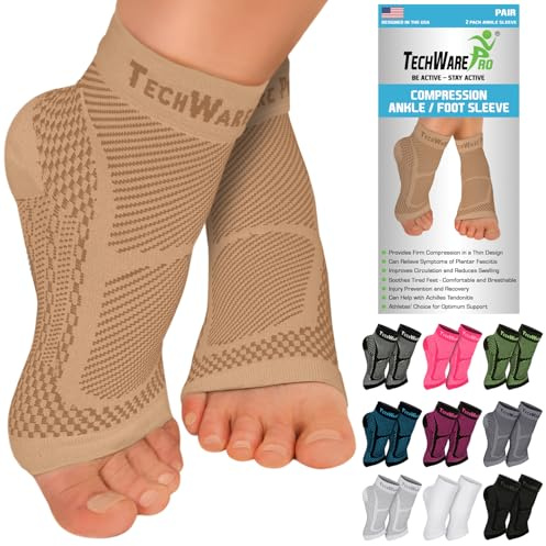 TechWare Pro Ankle Brace Compression Sleeve - Relieves Achilles Tendonitis, Joint Pain. Plantar Fasciitis Foot Sock with Arch Support Reduces Swelling & Heel Spur Pain. (Beige, S/M)