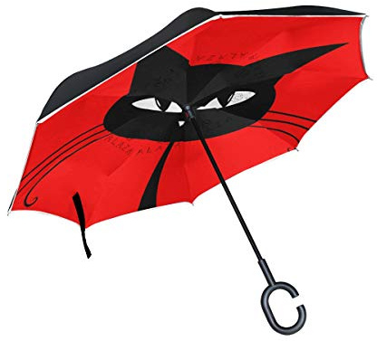 ISAOA Gro?e Schirm Regenschirm Winddicht Doppelschichtige seitenverkehrt Faltbarer Regenschirm f¨¹r Auto Regen Au?eneinsatz,C-f?rmigem Henkel Regenschirm Katze mit rotem Hintergrund Regenschirm