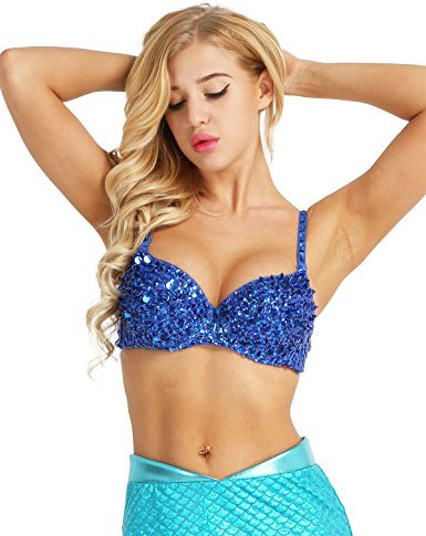 FEESHOW Damen Pailletten BH Push up Tanz Kostüm Bauchtanz Top Oberteil mit Perlen Club Party Rot/Rosa/Silber/Gold/Blau/Schwarz Blau 38A, 38B, 38C