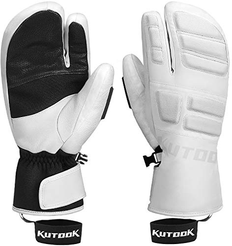 KUTOOK Ski-Fäustlinge mit drei Fingern, Thermohandschuhe aus 3M Thinsulate, wasserdicht, Snowboard-Handschuhe für den Winter bei kaltem Wetter, Schneemobil, Herren, Weiß, Large