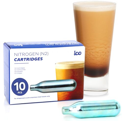 ICO Lot de 10 Chargeurs N2 2g, NE PAS POUR CHANTILLY, Cartouches Azote Premium Qualité Alimentaire pour Cafetière Cold Brew Nitro, Cocktails et Infusions de Thé