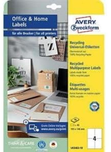 AVERY Zweckform LR3483-10 Recycling Etiketten (40 Adressaufkleber, 105x148mm auf A4, 100% recyceltes Altpapier, bedruckbare Versandetiketten, selbstklebende Klebeetiketten, DHL) 10 Blatt, naturweiß