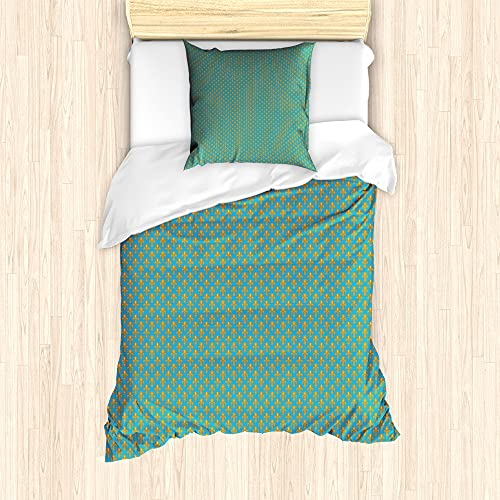 ABAKUHAUS Fleur De Lis Bettbezug Set für Einzelbetten, Königliche heraldische Lilien, Milbensicher Allergiker geeignet mit Kissenbezug, 135 cm x 200 cm - 80 x 80 cm, Orange Sea Blue
