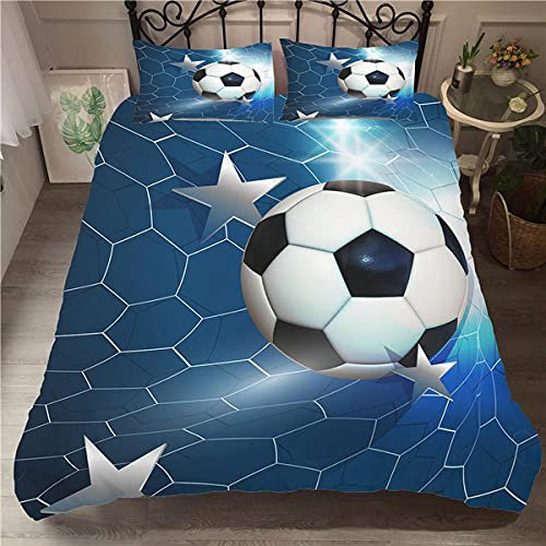 ZMDQD Parure de Lit 90x190 Enfant Ballon de Foot Bleu Linge de Lit et Oreillers pour 1 Personne 100% Microfibre avec 1 taie d'oreillers de 65 x 65 cm (avec Fermeture Éclair)