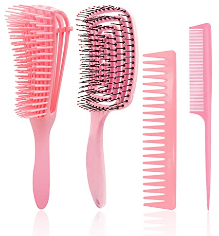 Tiardey Haarbürste,Breiter Zahnkamm für Locken für dickes Frizzly Wellig Kinky Curly,Haarbürste Frauen Rutschfester Verlängerungsgriff,Bunte Make-up-Tasche & Vierteiliges Acht-Krallen-Kamm-Set (Rosa)