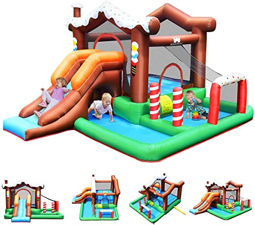 GOPLUS Aufblasbare Hüpfburg für Kinder, Hüpfburg mit Planschbecken, Rutsche, Kletterwand & Basketballkorb, Indoor & Outdoor, mit Netz & komplettem Zubehör, 390 × 335 × 220cm (Haus, Ohne Gebläse)