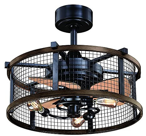 MNSSRN Van de Ventilateur Antique Rustique, Ventilateur de Plafond de Cage de Ferme Industrielle avec kit d'éclairage LED à télécommande
