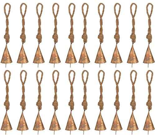 Vivanta 20 Stück Rustikale Goldfarbene Kuhglocken aus Metall mit Juteseil 5,1 cm – kleine Glöckchen zum Basteln, Kegelglocken zum Basteln, Weihnachtsglocken, Ornamente, Hexenglocken