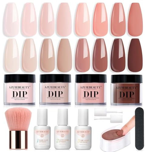 AZUREBEAUTY Dip Powder Nail Kit Starter, All Season Skin Tone Nude Brown 4 Colors Acrylic Dip Powder Liquid Set with Base/Top Coat Activator for French Nail Art Manicure DIY Salon Gifts