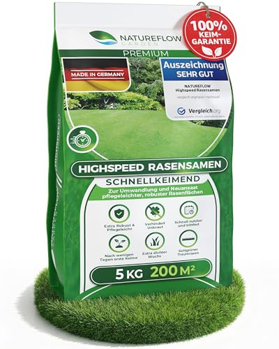 Rasensamen schnellkeimend Frühjahr & Sommer 6kg – TEST SEHR GUT – Grassamen schnellkeimend Rasen Nachsaat Made in Germany – Rasensaat 240qm - Rasensamen Frühjahr & Sommer Samen von Natureflow