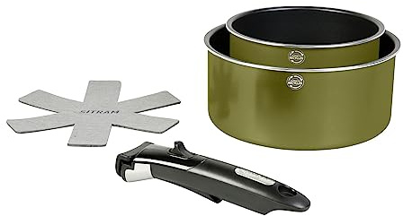 SITRAM 715710 Juego de 2 Cacerolas Aluminio Reciclado Ø 16,20 cm, Verde Metalizado, Revestimiento interior antiadherente + Asa extraíble + 1 tapete de fieltro, Todo tipo de fuegos incluida inducción