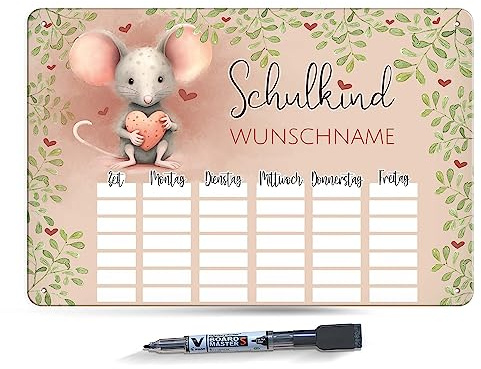 PR Print Royal Abwischbarer Stundenplan magnetisch inkl. Stift - Maus - mit Name personalisierbar - Einschulungsgeschenk - Geschenk zum Schulanfang - Metallschild A4 mit abwischbarem Stift