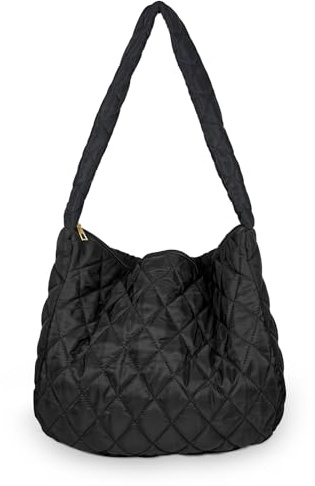 FuninCrea Gesteppte Tragetasche für Damen, Nylon, große Tragetasche, Puffy-Tragetasche, Gittermuster, flauschige Tragetasche, Schultertasche, Schwarz, Einheitsgröße