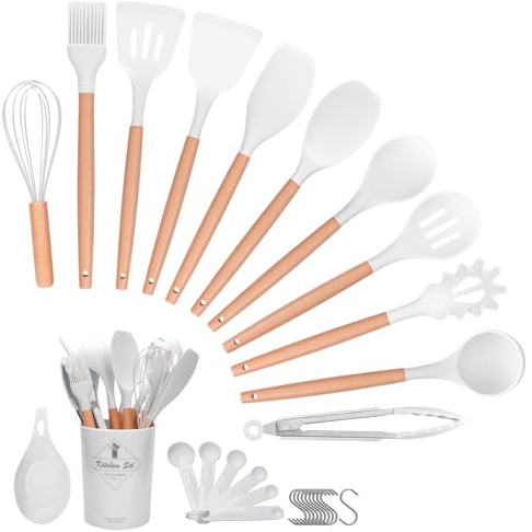 Helterfolg Utensili Cucina Set, 29 Pezzi Resistente Utensili da Cucina in Silicone, Cucina Set con Supporto Spatola Pinze per Tornitura Cucchiaio (Bianco crema)