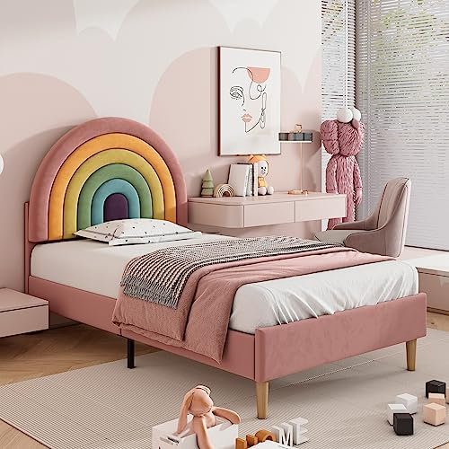 BTM Upholstered Bed 90 * 190cm, Velvet Single Bed Frame with Slatted Frame and Height-adjustable Headboard for Teenagers and Kids, Wooden Slat Support, No Mattress