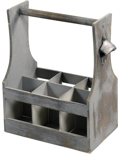 KESPER Flaschenträger Antik für 6 Flaschen aus FSC-zertifiziertes Holz mit praktischem Griff und Flaschenöffner, wiederverwendbar, grau, 25x32x16,8 cm