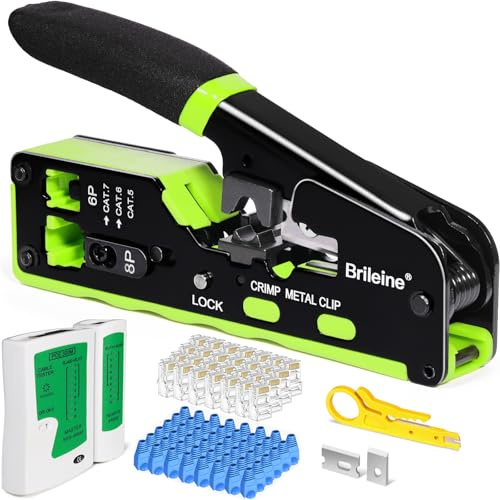 Brileine Kit de herramientas de crimpado Ethernet, kit de herramienta de crimpado RJ45 para conectores Cat6/Cat 5/RJ45 con 50 conectores de paso RJ45, 50 cubiertas, mini pelacables (crimpadora