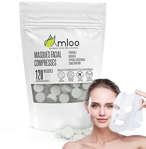 AMLOO 120 Pcs Feuille de Masque Facial, Masque visage compressé, masque tissu visage en Coton Compactes et Jetables, masque visage coreen pour Soins de la Peau pour la maison et les Voyages