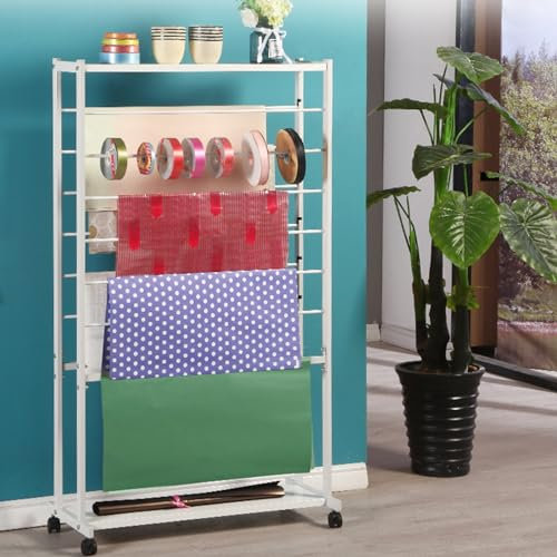 Farbband-Organizer Geschenkpapier-Aufbewahrungsregal mit Großem Fassungsvermögen, Metall-Bastelband-Organizer-Halter mit Rädern und 2 Tellern, 140cm Hoch (Color : White)