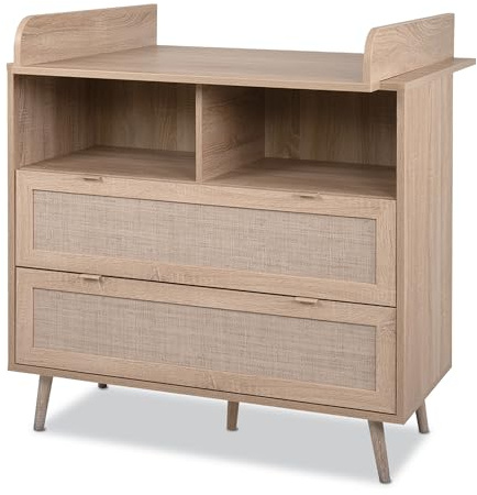 KHG Wickel-Kommode hell-braun, Schublade, 78 cm,x105, für Stauraum | mit 2 Schubladen modern Eiche-Optik, Kommode aus Holzwerkstoff Rattan-Optik, Aufsatz abnehmbar, Gestell aus Massivholz
