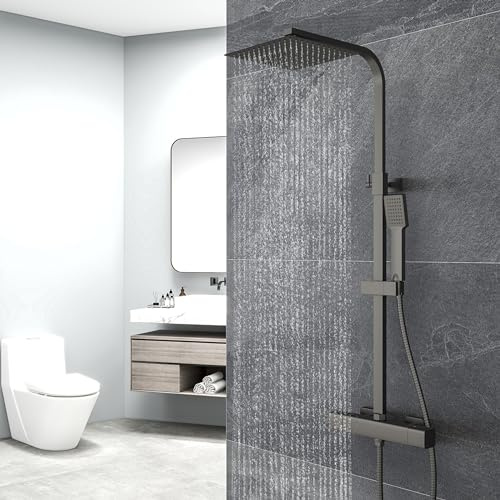 Aica Sanitarios Columna de Ducha Termostática Negro Mate con Barra Ajustable y Rociador Superior Acero Inoxidable Diseño Sencillo para Baño