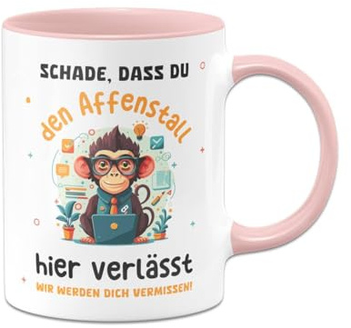 Tasse zum Abschied - Schade, dass Du den Affenstall hier verlässt - Kaffeetasse lustig mit Spruch als Abschiedsgeschenk für Kollegen, Kollegin zum Jobwechsel (Rosa)
