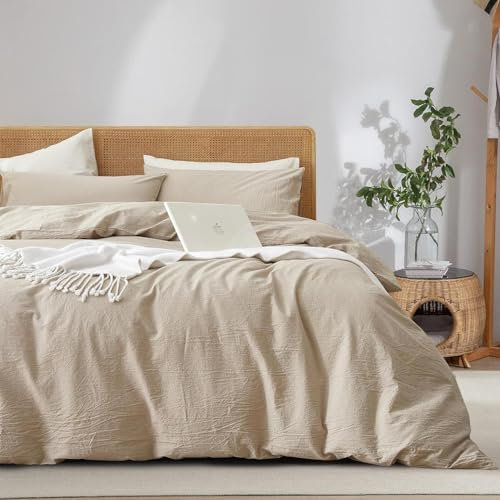 Freyamy Bettwäsche 200x220 Beige Unifarben Uni Bettwäsche-Sets Wende Gewaschene Microfaser ÖKO-TEX Deckenbezug 1 Bettbezug mit Reißverschluss und 2 Kissenbezug 80x80cm