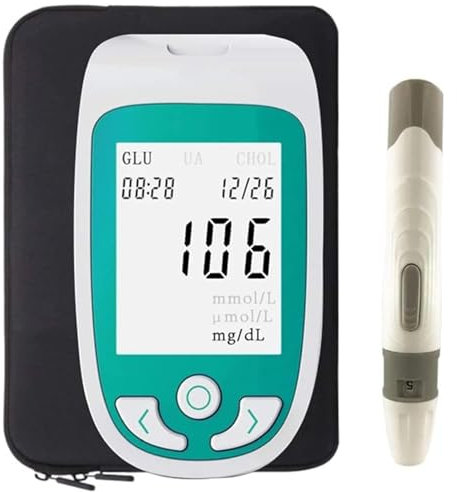 Mavdecll Kit per analisi del Sangue domiciliare 3 in 1, Monitor per Il colesterolo dell'acido urico nel Sangue, 50 Strisce reattive per la glicemia + 25 per l'acido urico + 10 per Il colesterolo