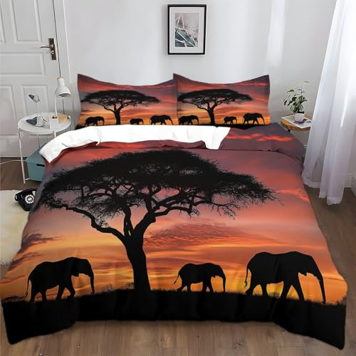 Generisch Bettbezug-Set 135x200cm Afrika Elefant Sonnenuntergang Bettwäsche 3 Teilig Set mit Reißverschluss, Weich Microfaser Baumwolle Bettbezug mit 2 Kissenbezug, für Ganzjahres