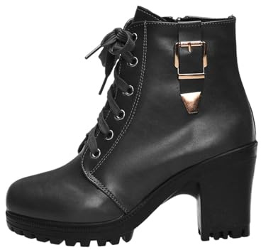 Liaddkv Botines para mujer con tacón de piel sintética con cordones, botines cortos, tacón bloque, botines de cuero, botines góticos, botines de motero, botines vintage, Negro , 43 EU