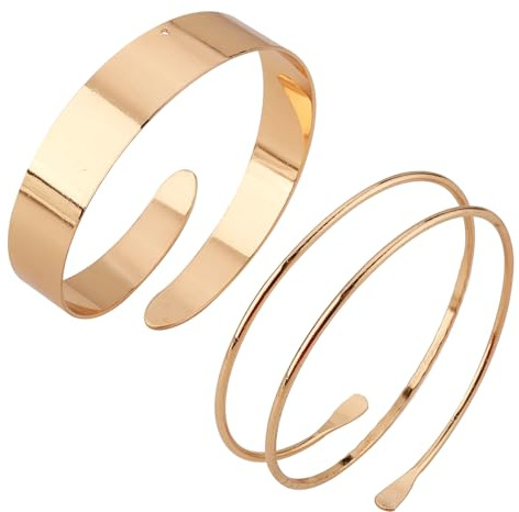 2pcs Arm Cuff Jewellery for Women, Adjustable Gold Arm Cuff Bangle Upper Armband Cuff Minimalist Gold Metal Coil Arm Cuff Bracelets Stackable Geometric Jewelry Gold Arm Band for Women