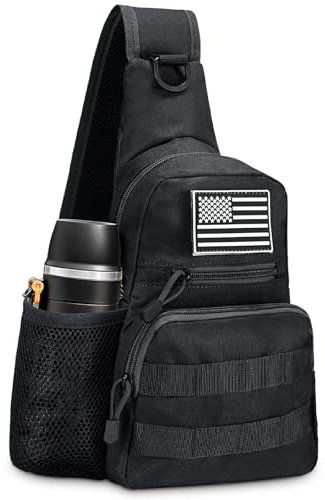 UTOKIER Tactical Sling Bag, Compact Military MOLLE EDC Shoulder Backpack, Crossbody Chest Daypack with Water Bottle Holder for Outdoor Travel (Black)
