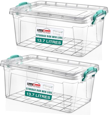 Best House| Plastic Storage Box with Clips & Lid | Size 13.7L (L:43cm W:28cm H:18cm)|Set of 2|Rectangle|Stackable Clear Durable Multipurpose Office Home Kitchen Tool Versatile(SMALL Size)-13.7 Litres