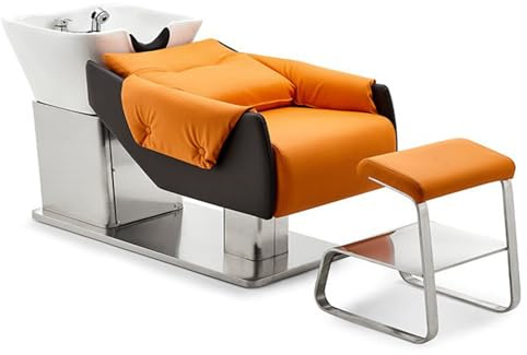 Friseurstuhl Mit Waschbecken, Friseurwaschbecken Aus Keramik Verstellbar, Rückwärtswaschsessel Mit Fußhocker, Friseurwaschsessel Für SPA Salon,Orange